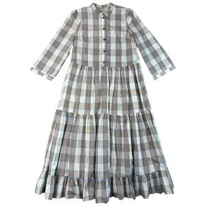 Baum und Pferdgarten Plaid Tiered Midi Dress Organic Cotton Blue Brown - US 4